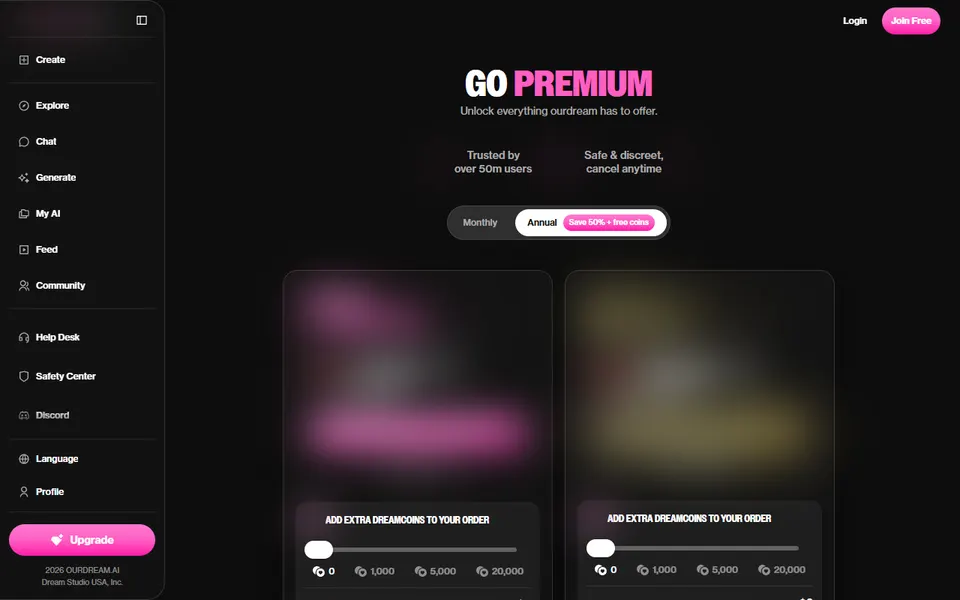 OurDream AI plans page as checked on 17 October 2026